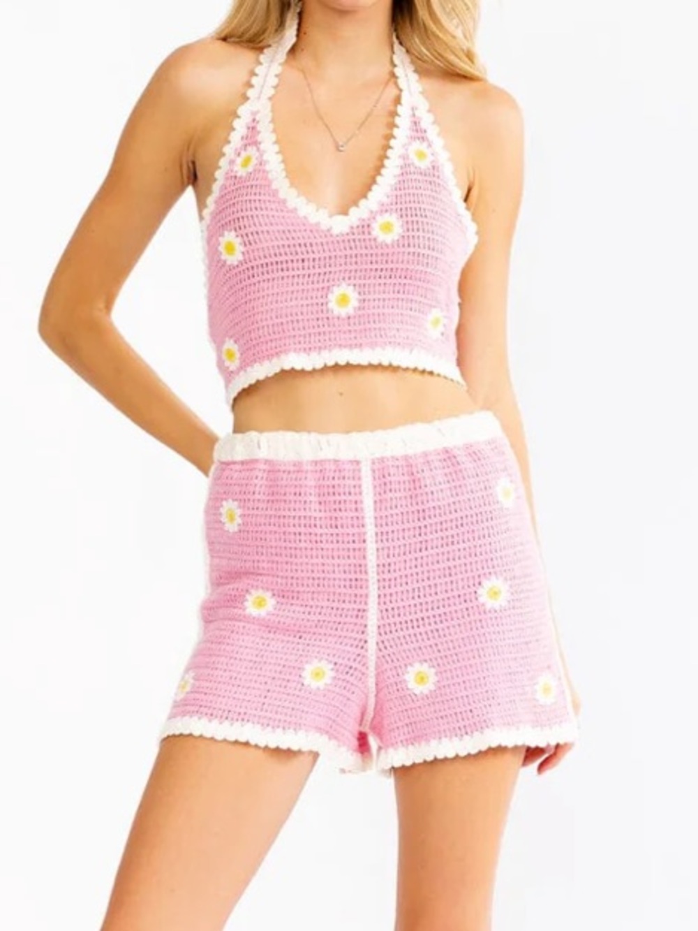 Boho NWT Pink Crochet Daisy Halter Crop Top and Shorts Set size S/M - M/L